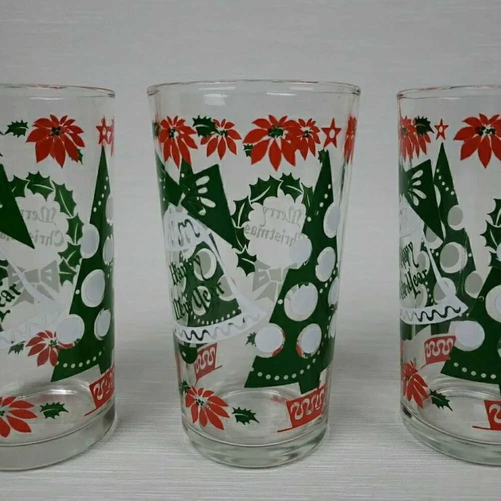Vintage 7 Merry Christmas Happy New Year Cups Tumblers Continental Glass MCM